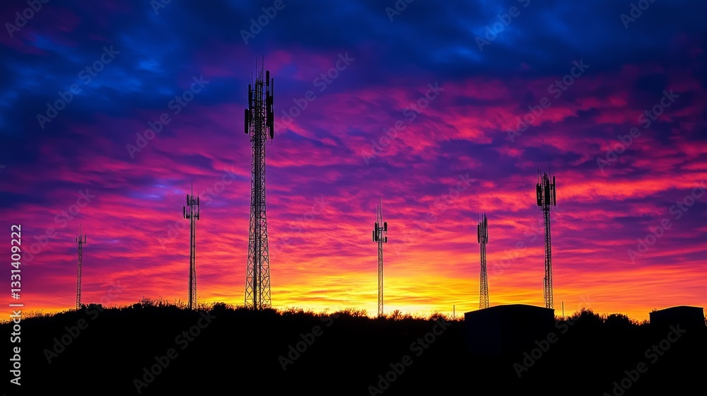 Poster an artistic composition of multiple cell phone towers lined up against the horizon, with a colorful 
