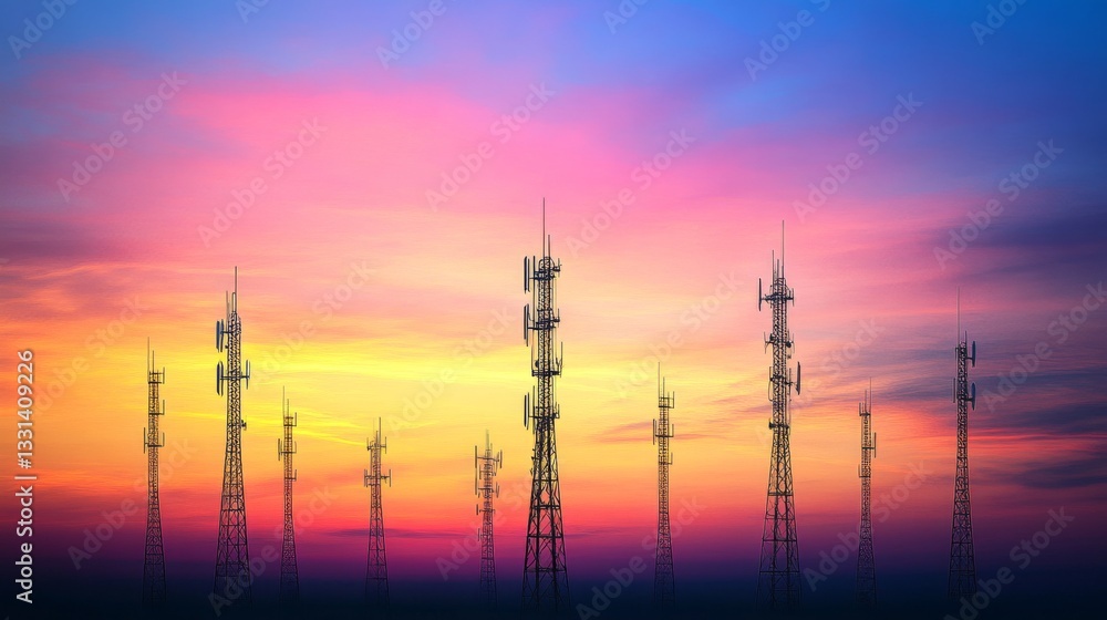 Poster an artistic composition of multiple cell phone towers lined up against the horizon, with a colorful 