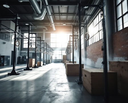 spacious industrial gym with rows of gymnastic rings and natural sunlight