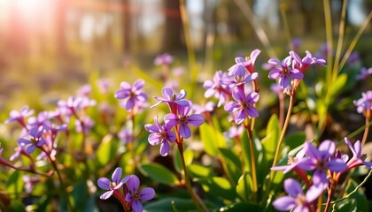 Obraz premium Delicate purple hepatica flowers blooming in early spring sunlight at forest edge, earth, leaves