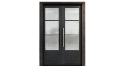 Elegant Double Doors: A Modern Architectural Statement with Glass Panels and Sleek Metal Frame, Perfect for Contemporary Homes and Buildings
