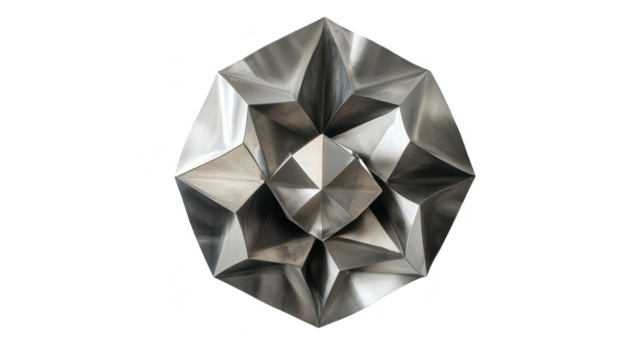Geometric Metal Sculpture: A Symphony of Silver Facets in Modern Design, Abstract Art Texture, Polished Steel Precision, and Industrial Ornamentation.