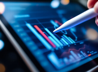 Fototapeta premium hand using stylus to navigate vibrant bar graphs on a digital tablet