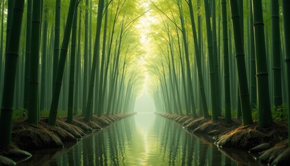Fototapeta premium Lush Green Bamboo Forest with Reflective Water Path and Bright Light