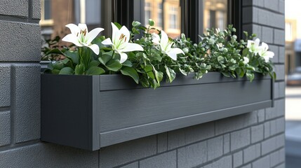 Exterior window box with white lilies and greenery