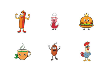 Fototapeta premium Fun Food Mascot Logos – BBQ Pig, Rooster, Tea Cup, Coffee, Hot Dog, Burger
