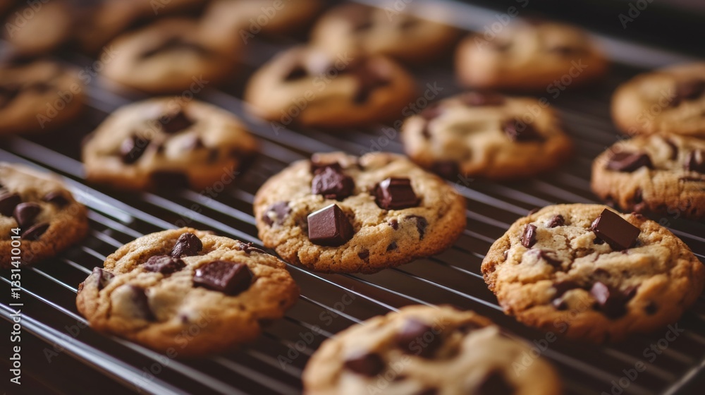 Aufkleber An inviting image of chocolate chip cookies cooling on a wire rack, with chocolate chunks melting slightly, creating a warm and homely atmosphere.