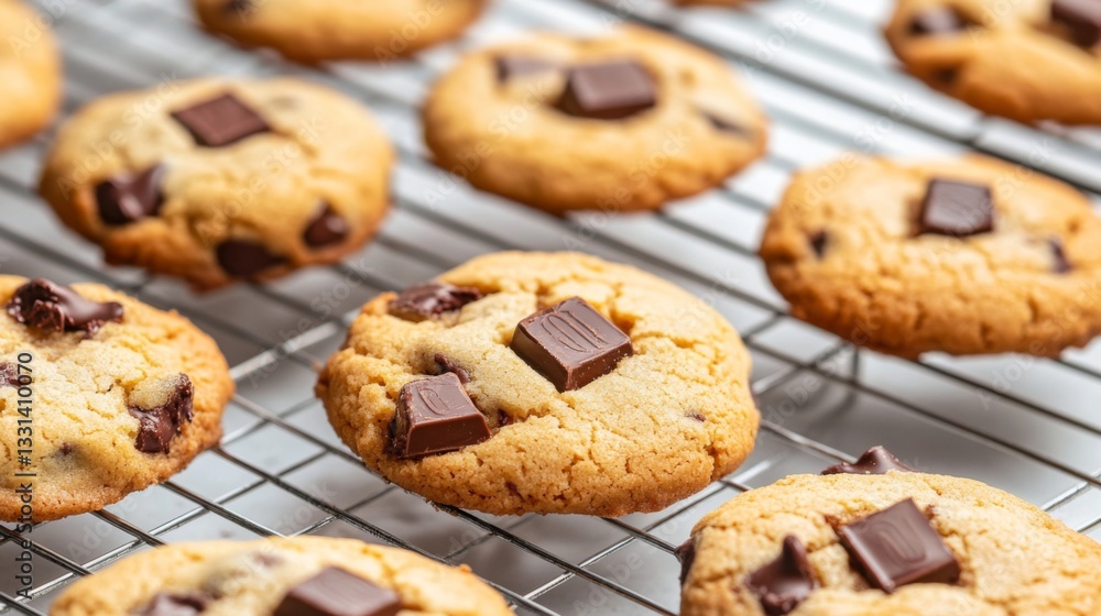 Aufkleber An inviting image of chocolate chip cookies cooling on a wire rack, with chocolate chunks melting slightly, creating a warm and homely atmosphere.