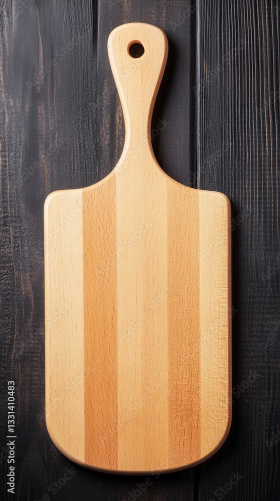 Poster a rustic wooden cutting board rests on a sleek black table, its grain patterns visible under soft li