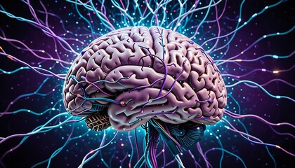 Realistic glowing brain rendering with neural pathways with brain activity concept