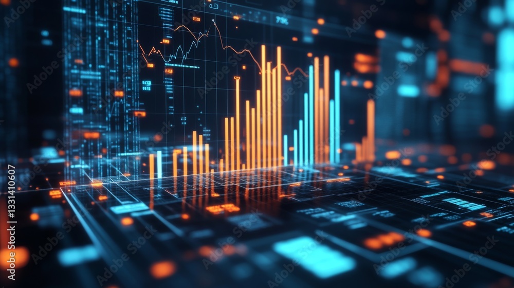 Poster a d bar graph representing financial data growth, set against a dark background with a digital inter