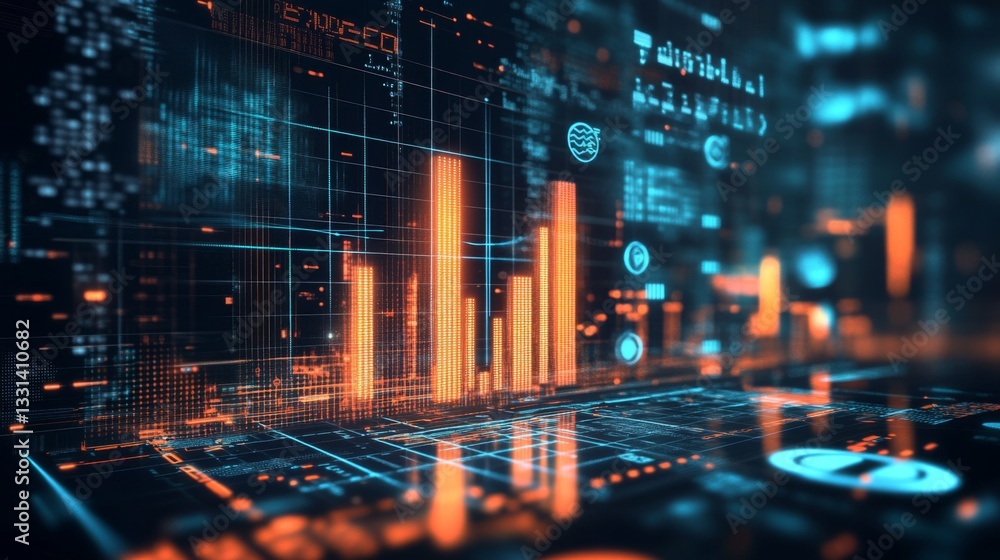 Poster a d bar graph representing financial data growth, set against a dark background with a digital inter