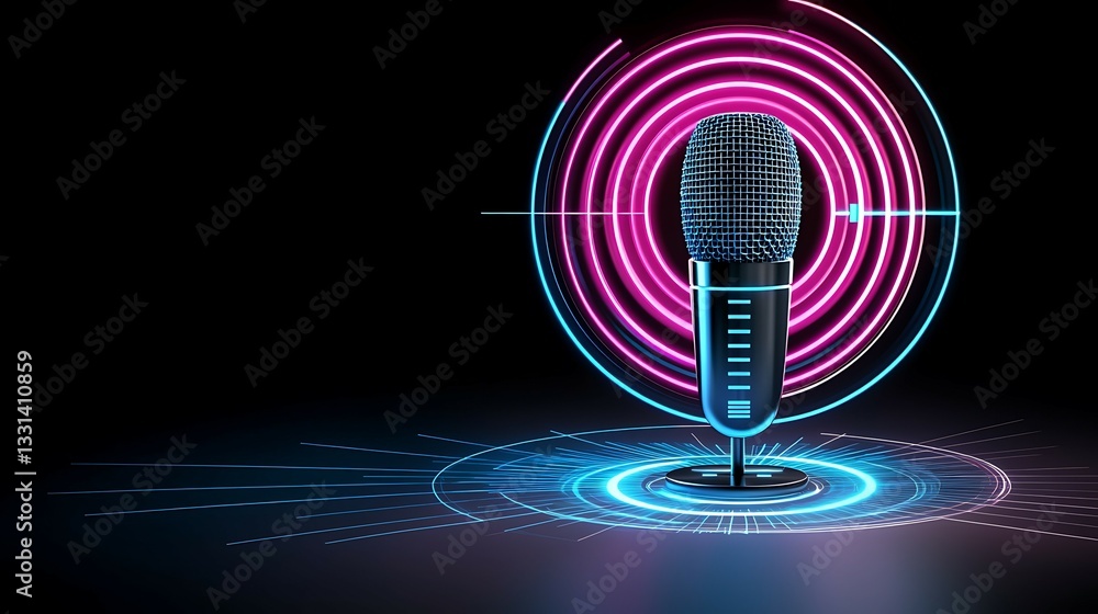Poster a futuristic microphone emits vibrant neon circles and waves, symbolizing sound and technology in a 