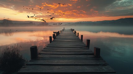 Obraz premium Misty sunrise over a lake with a wooden dock stretching out to the horizon.