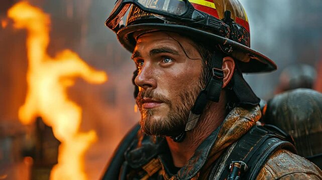 Feuerwehrmann steht entschlossen vor lodernden Flammen