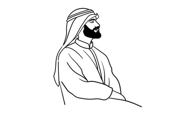 Emirati man in traditional clothes, continuous line art drawing. Muslim in a hijab. Vector illustration isolated on white background.