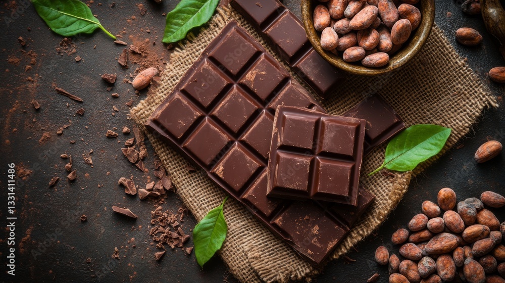 Poster a beautiful overhead shot of chocolate bars and cocoa beans scattered on a rustic table, evoking the