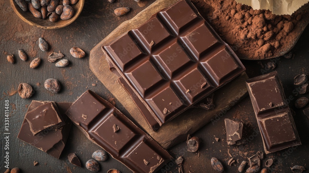 Poster a beautiful overhead shot of chocolate bars and cocoa beans scattered on a rustic table, evoking the