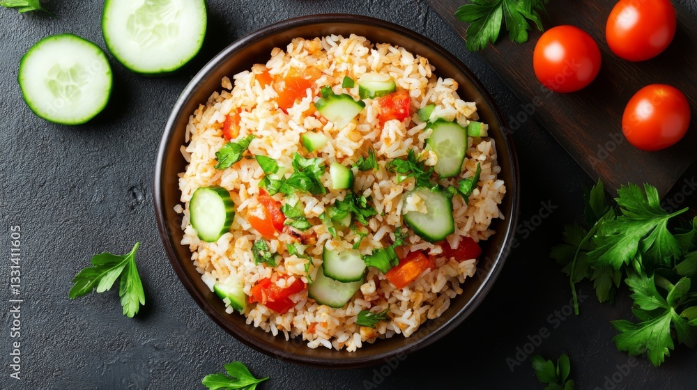 Aufkleber a beautiful overhead view of a bowl of fried rice with various toppings, including sliced cucumber a