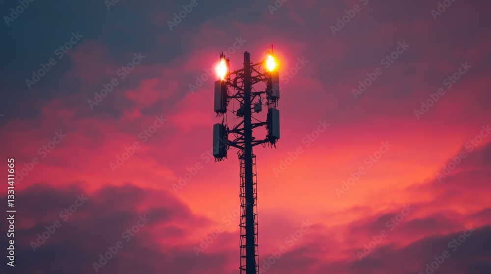 Poster a captivating image of a cell phone tower at dusk, illuminated by soft lights, creating a beautiful 