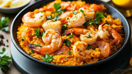 Food photography macro top-down Delicious shrimp paella garnished with fresh herbs in a black pan.