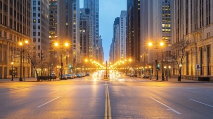 Fototapeta premium A city intersection illuminated by tall streetlights, with reflections of the lights on the empty streets during a calm, late-night scene.