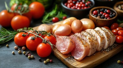 Fresh Meat and Vegetables with Eggs and Spices on Wooden Board
