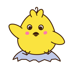 Cute little chicken, sitting on shell, cartoon character isolated on white background. Vector art illustration in flat style. A separate element for your design.