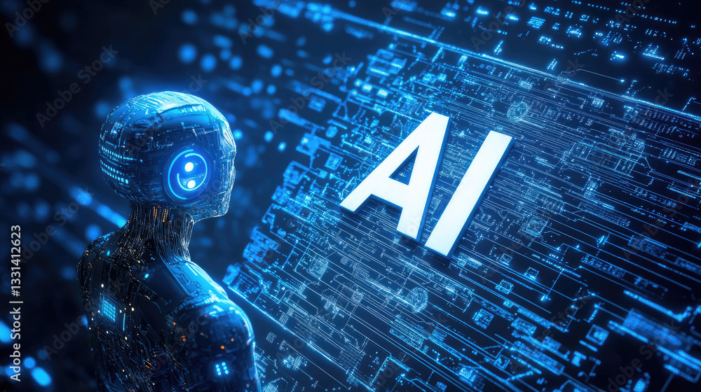 Poster futuristic ai humanoid with a glowing digital head, composed of circuits data patterns,standing in a