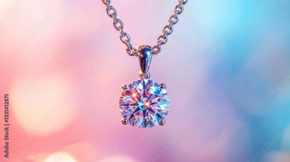 Poster A close-up of a sparkling diamond pendant hanging from a delicate chain, with a blurred background of soft pastel colors, creating an ethereal atmosphere.