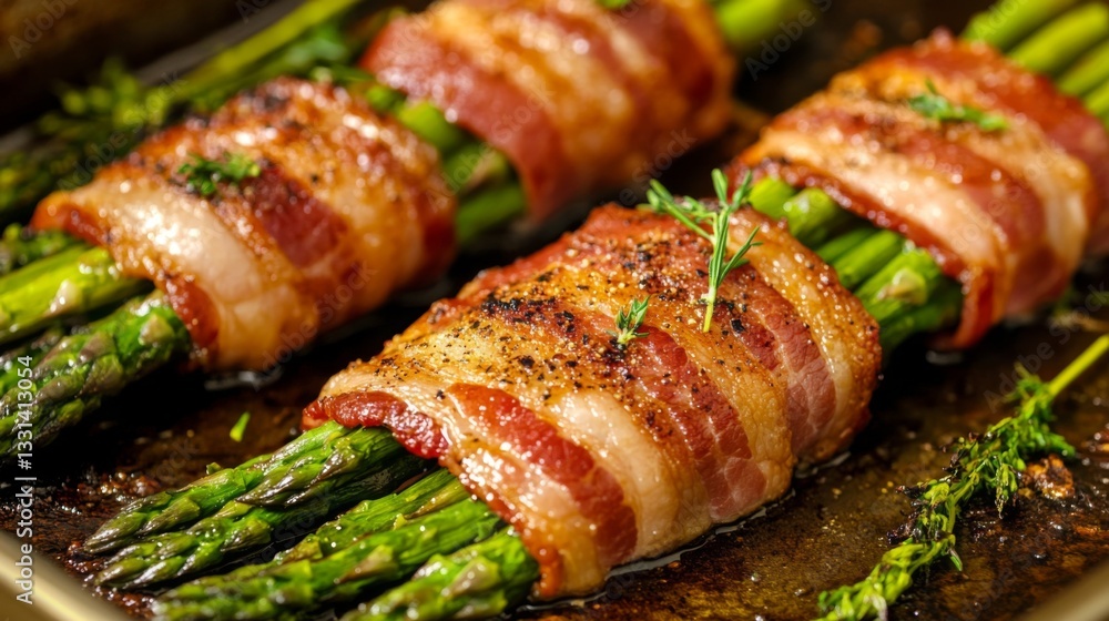 Poster a close-up of bacon being wrapped around asparagus spears, set on a baking sheet ready for roasting,