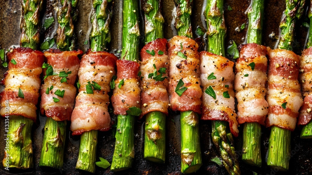 Poster a close-up of bacon being wrapped around asparagus spears, set on a baking sheet ready for roasting,