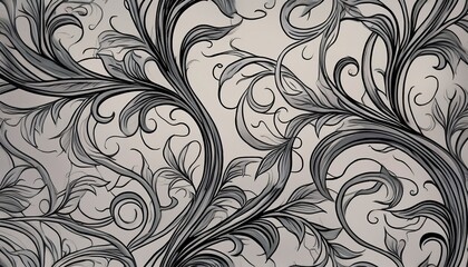 Fototapeta premium Elegant and intricate repeating pattern featuring hand-drawn black vines on a soft gray background, creating a sophisticated and timeless design