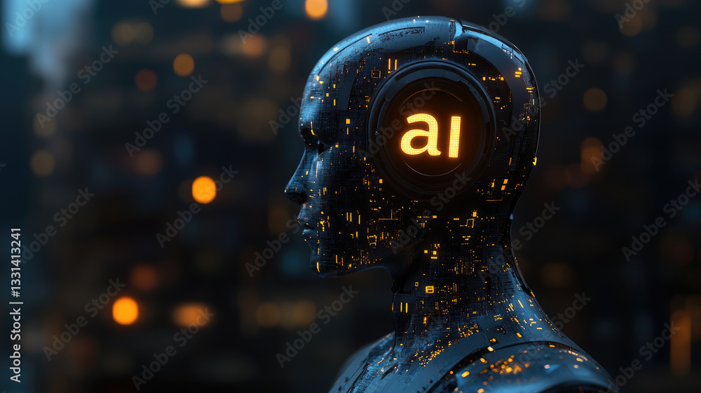 Poster cybernetic ai humanoid robot with futuristic mechanical face,artificial intelligence interface. conc