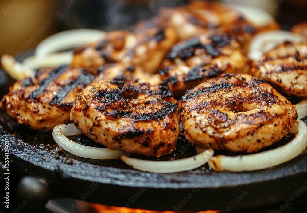Aufkleber grilled chicken fillets with onion slices cooking on a hot cast iron grill, close-up of appetizing m