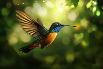Naklejka premium A vibrant hummingbird in flight, showcasing iridescent green, blue, and orange plumage against a sunlit, bokeh-filled green background.