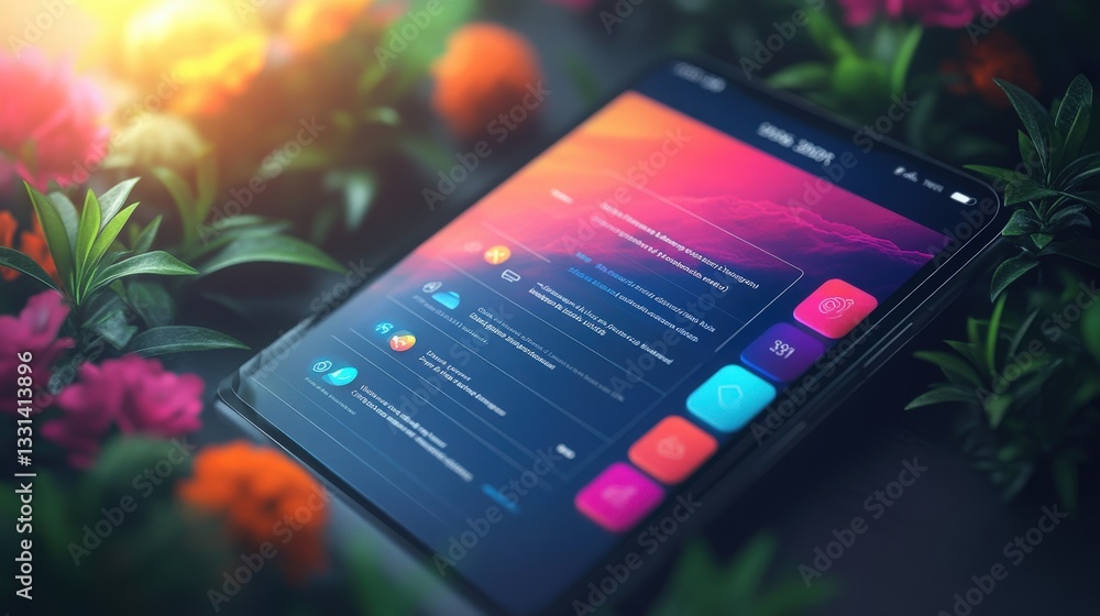 Poster modern tablet device with colorful user interface in natural setting