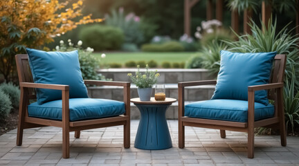 Fototapeta premium two teal cushioned chairs with wooden frames on a patio