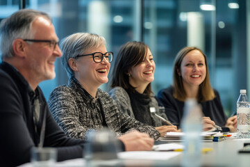 Four smiling colleagues sit at a table during a meeting