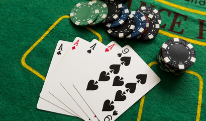 Poker cards with combination. The winning combination in a game in a poker club. The concept of luck in the poker game.