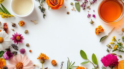 A vibrant arrangement of colorful flowers surrounding natural spa products.