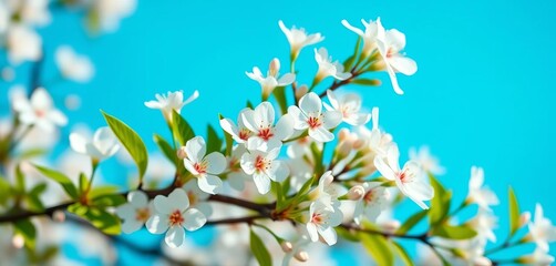 Delicate white spring blossoms, vibrant blue backdrop, clean, image