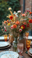 vibrant and pink rose floral centerpiece in a rustic glass vase