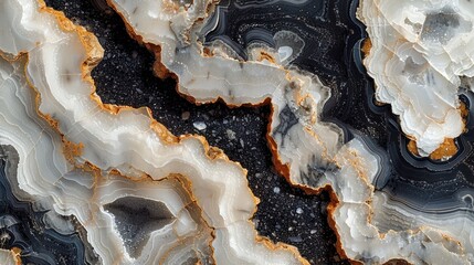 Obraz premium Detailed close-up view of a natural stone, showcasing intricate veins and patterns in shades of white, grey, black, and gold. Abstract stone texture with organic shapes. 