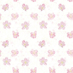 Obraz premium Delicate pink flower, white petals and yellow stamens, seamless pattern. Watercolor digital illustration. Japanese sakura and branches of blossoming cherry and apple tree isolated on white background.