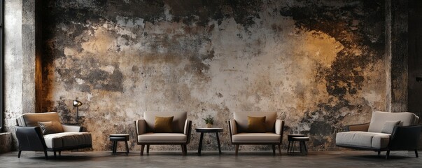 Modern interior with comfortable seating against a textured wall backdrop