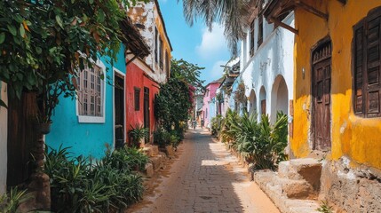 Fototapeta premium Vibrant alleyway lined with colorful houses and lush greenery under a clear blue sky.