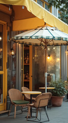 Fototapeta premium relaxing outdoor cafe setting with umbrella and wicker chairs