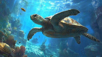 Obraz premium A dynamic shot of a sea turtle swimming upwards towards the surface, with vibrant coral and marine life in the background, capturing the essence of ocean exploration.