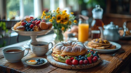 Family breakfast with cakes, eggs and tea